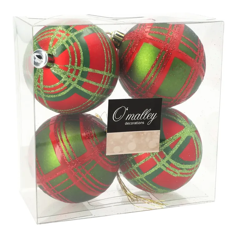 Kerstballen ruit rood en groen, 4 stuks